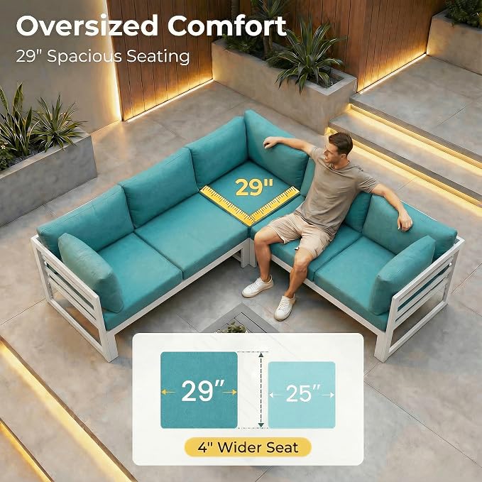 NICESOUL 14 Pcs Large Modern Aluminum Patio Furniture Set, L Shaped All Weather Modular Sectional Sofa with Coffee Table, 500 lbs Heavy Duty Comfortable Outdoor Couch for Poolside Backyard, Teal