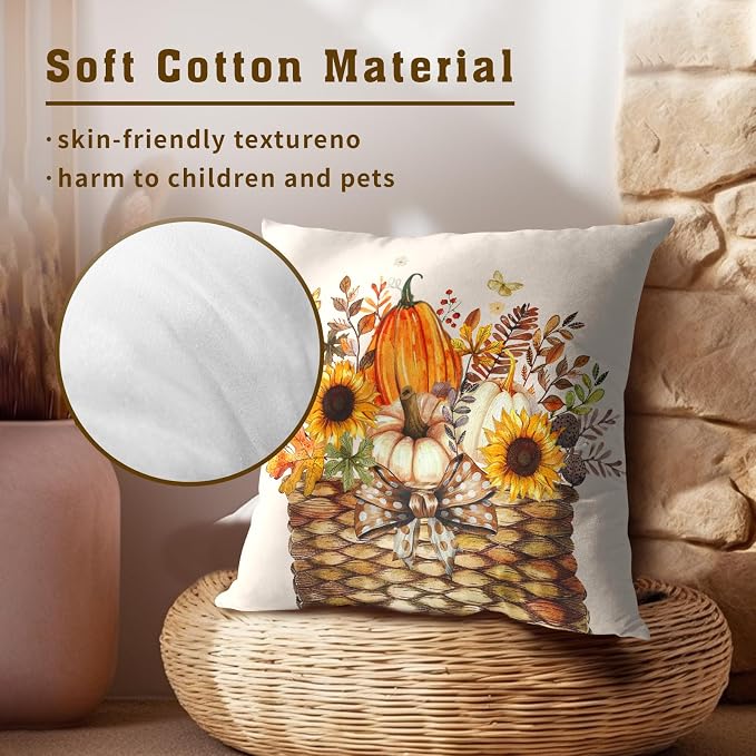 Rustic Fall Throw Pillow Covers 22x22 Inch Set of 2, Autumn Sunflower Orange Pumpkins Leaves Basket Decorative Square Pillowcases for Sofa Bed Couch Porch Patio Outdoor Home Decor