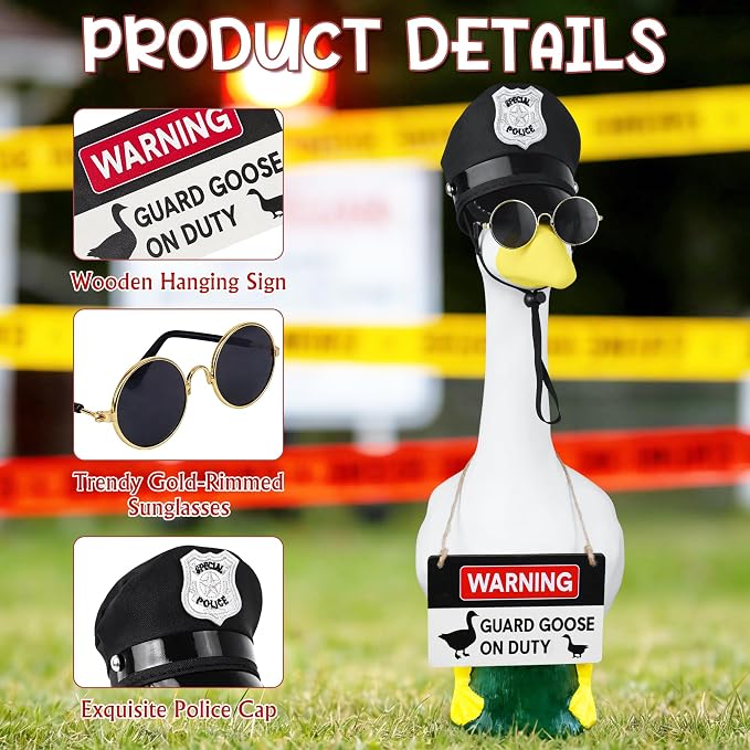 Horolam Porch Goose Outfits, 17"/23" Yard Guard Goose Outfit with Porch Goose Sign Goose Police Hat Eyeglasses Wooden Gooses Warning Sign Danger for Patio Lawn Garden Decoration