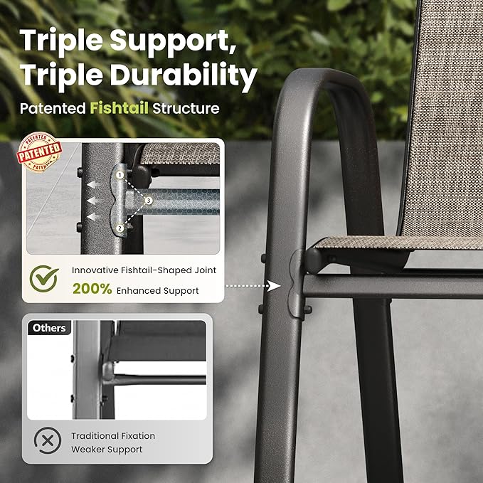 PHI VILLA Patio Dining Set for 4, Stackable Chairs & Carbon Crystal Table | Textilene mesh chairs & 37'' Square Table. E-coated metal frame for outdoor, deck, lawn, garden. Rust-resistant, easy-clean