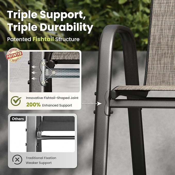 PHI VILLA 5 Piece Outdoor Dining Set, Stackable Patio Chairs & Metal Table | Textilene mesh chairs & 37'' Square Table. E-coated metal frame for patio, deck, lawn, garden. Rust-resistant, easy-clean