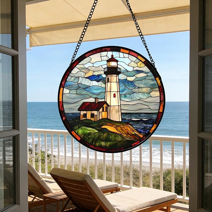 DASTOLL Stained Glass Window Hanging, Ocean Lighthouse Sun Catchers Glass Panel Blue Green Suncatcher Decor for Birthday for Women, Men, Wife, Aunt, and Mom 7.8 in