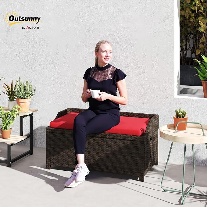 Outsunny 34 Gallon Outdoor Wicker Storage Bench Deck Box, PE Rattan Patio Furniture Pool Storage Bin Container with Interior Waterproof Cloth Bag and Comfortable Cushion, Red