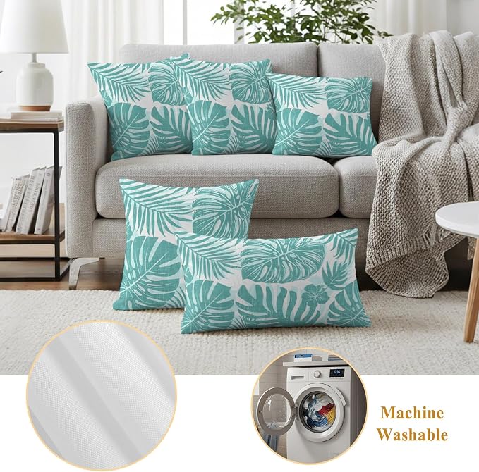 Aqua Teal Palm Leaves Outdoor Pillow Covers 16"x16" Set of 2, Tropical Botanical Minimalist Modern Waterproof Throw Pillow Covers for Patio Furniture, Decorative Cushion Covers for Porch