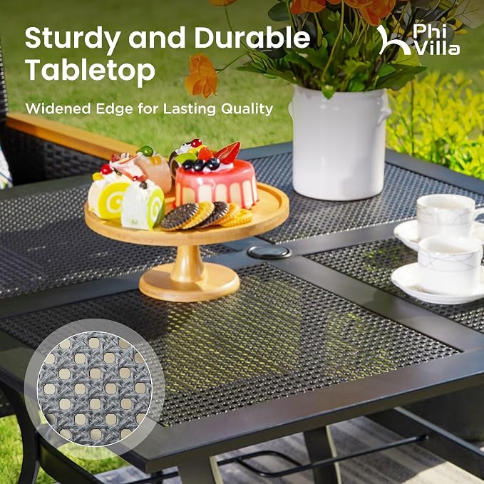 PHI VILLA Outdoor Dining Set for 4, 37" Metal Table & Chairs w/Cushions | 5 pcs black wrought iron square furniture set w/ umbrella hole. All weather for patio, deck, yard, porch