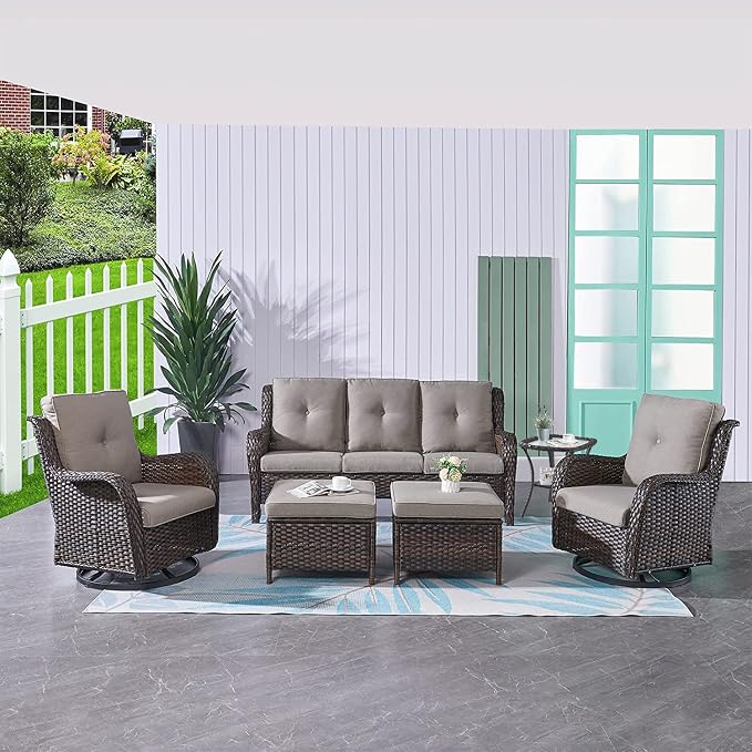 HUMMUH Outdoor Patio Furniture 6 Pieces Furniture Set Wicker Outdoor Sectional Couch with Patio Swivel Glider Chairs,Side Table,Ottomans for Patio
