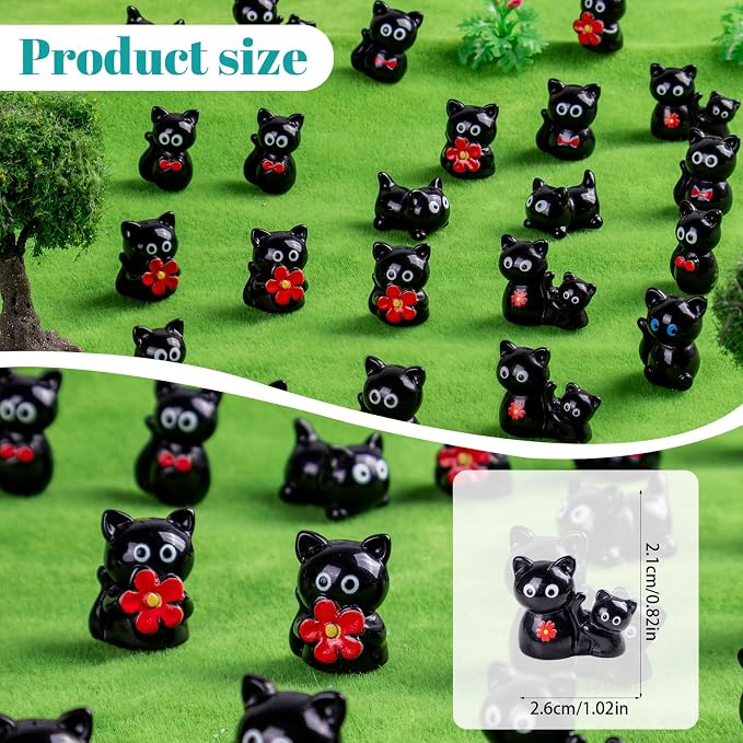 36 pcs Mini Resin Black Cats Variety Tiny Animals Figures Miniature Little Small Cat Figurines Bulk for Micro Fairy Garden Landscape Accessories Hide Crafts Decor Aquarium