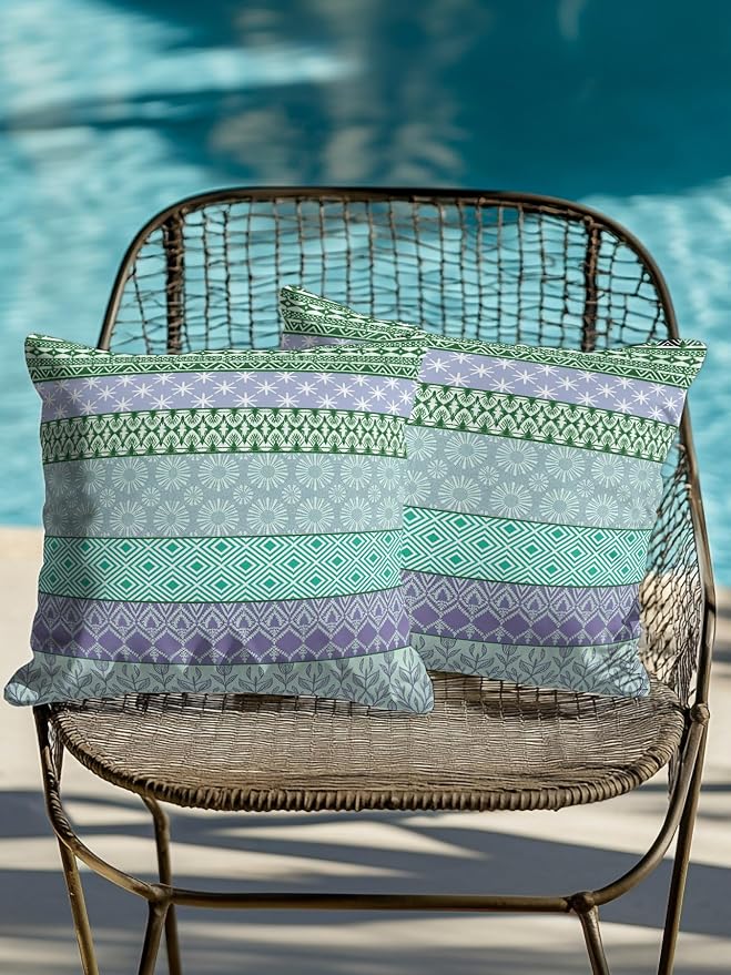 Waterproof Outdoor Pillow Set of 2 Turquoise Bohemian Decorative Throw Pillows Cover & Insert 16x16 Inch Pillowcase Boho Style Floral Leaves Geometric Pillows for Couch Sofa Bed Patio Furniture