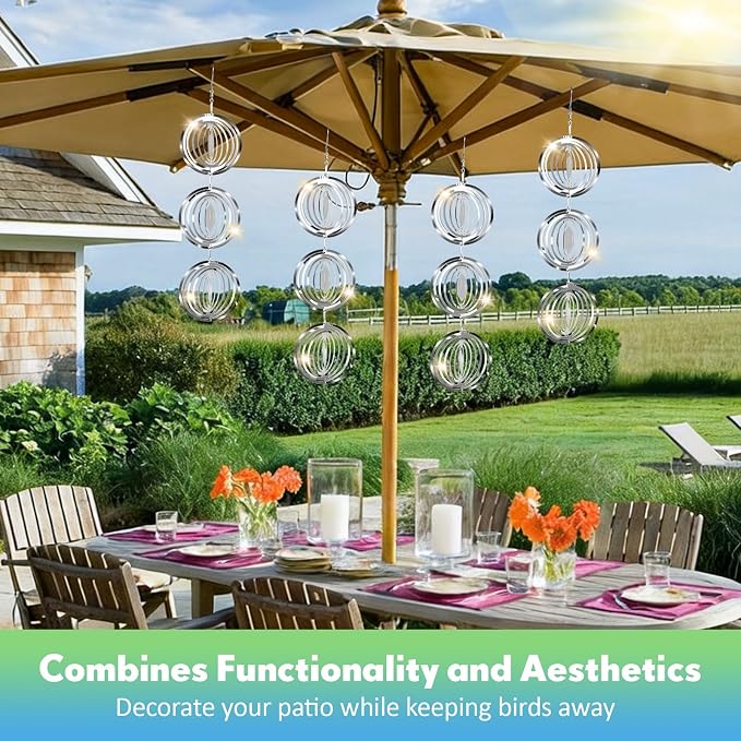 Bird Deterrents for Outside, 12 Discs Stainless Steel 3D Wind Spinners Garden Decor, 4 Sets Reflective Bird Scare Devices to Keep Woodpeckers, Pigeons Away from Patio, Balcony, Porch, Deck