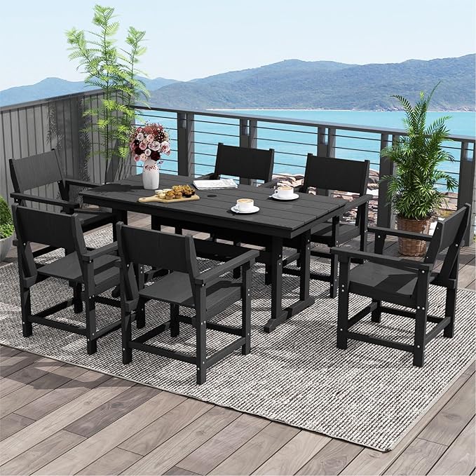 7-Piece HDPE Outdoor Patio Dining Set,Outdoor Table and Chairs,Modern Plastic Dining Sets with Umbrella Hole Cut-Out Table and 6 Chairs Black