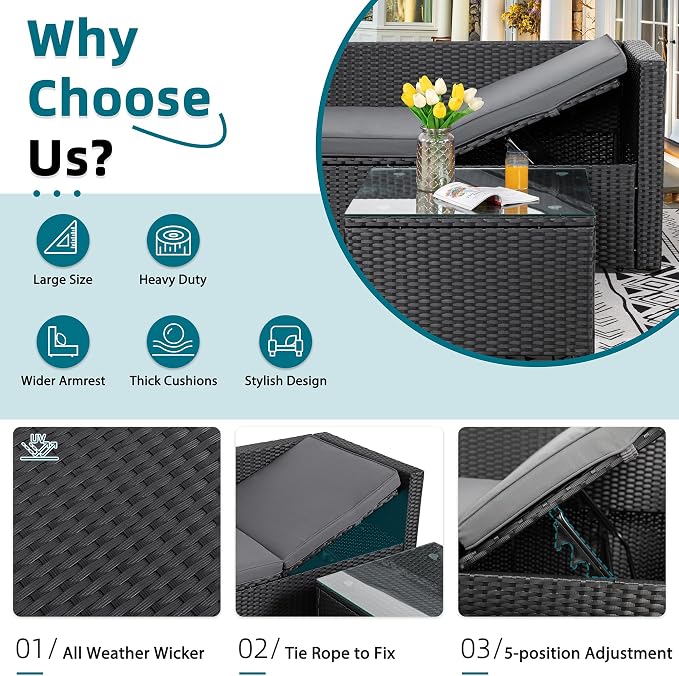 SUNLEI Patio Furniture Set with Detachable Soft Cushions, Outdoor PE Rattan Patio Conversation Sofa Set, 3-Piece Patio Sectional Sofa with Glass Coffee Table (Black Rattan&Charcoal)