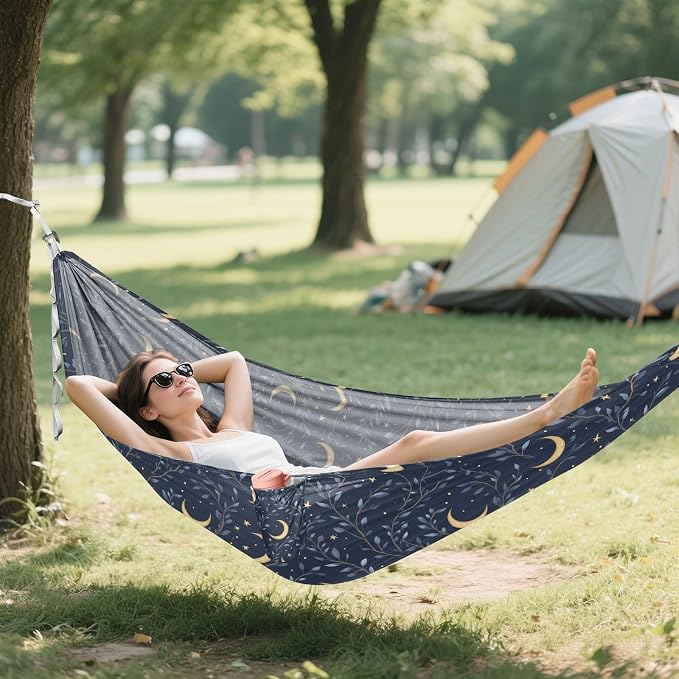 Camping Hammock Outdoor Hammocks for Outside Dark Navy Crescent Moon Beach Trees Portable Lightweight with Pockets Tree Straps Indoor