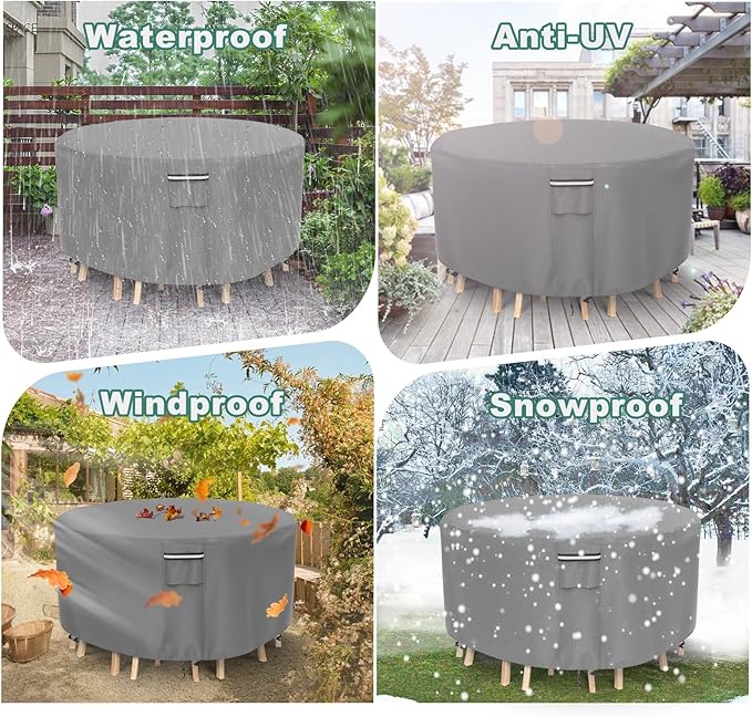 Round Patio Furniture Covers, 500D Heavy Duty Waterproof UV Resistant Cover for Round Outdoor Dining Table & Chairs,62" Dia x 28" H -Gray