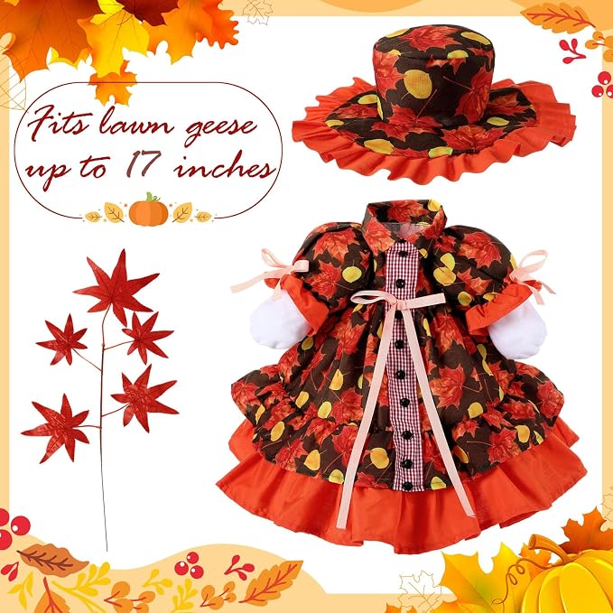 FuWeave Fall Porch Goose Outfit Maple Goose Costume Fancy Porch Geese Clothes with Wide Hat for 23" 17" Outdoor Patio