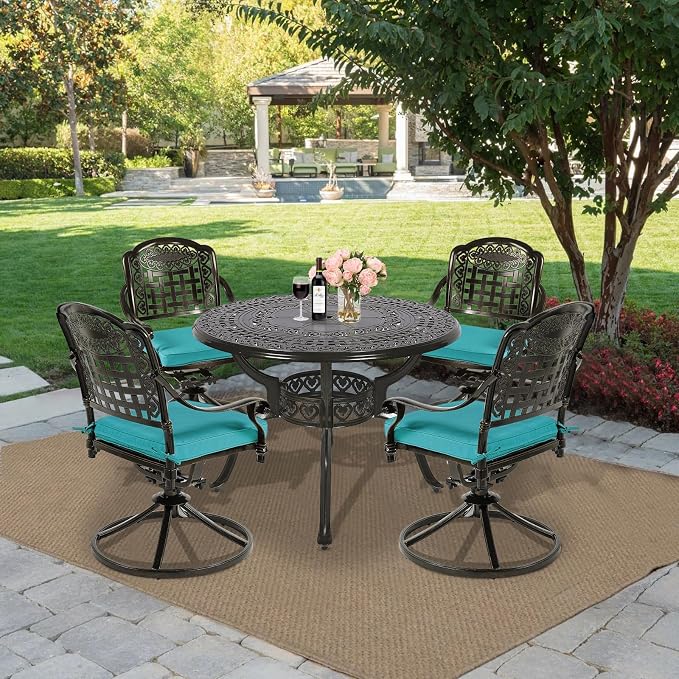 MEETWARM 5-Piece Outdoor Patio Dining Set, All-Weather Cast Aluminum Patio Conversation Set with 4 Cushions Swivel Rocker Chairs for Backyard Deck Garden and 38.5" Round Table, Ocean Blue
