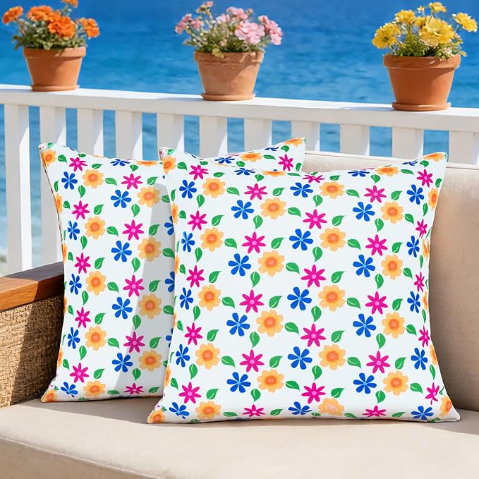 Eternal Beauty 18" x 18" Set of 2 Outdoor Pillow Covers Decorative Pillow Covers for Fall Couch Pillows (Yellow-Blue Flower, 18" x 18" (Pack of 2))