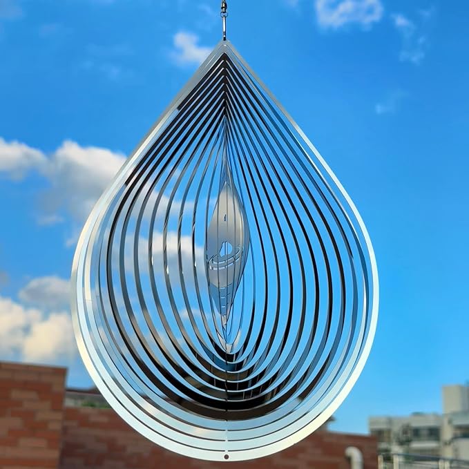 Hanging Wind Spinners,3D Water Droplets Shape Highly Reflective Stainless Steel Outdoor Garden Decor, Decorations to Scare Away Yard Birds 11.4inch 2Pcs