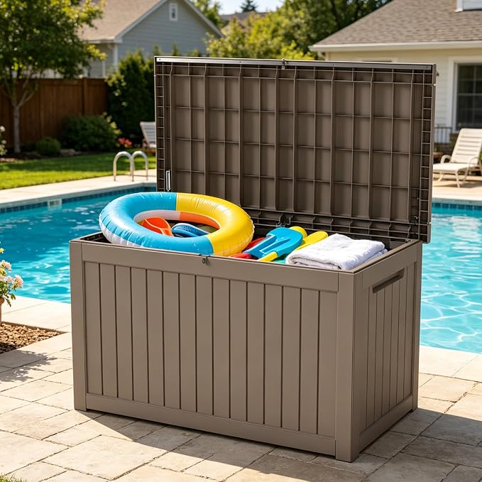 LAUSAINT HOME 240 Gallon Giant Resin Deck Box with Hydraulic Pistons - Waterproof Outdoor Storage Bench for Large Cushions, Lockable Patio Bin for Pool and Backyard (Light Brown)
