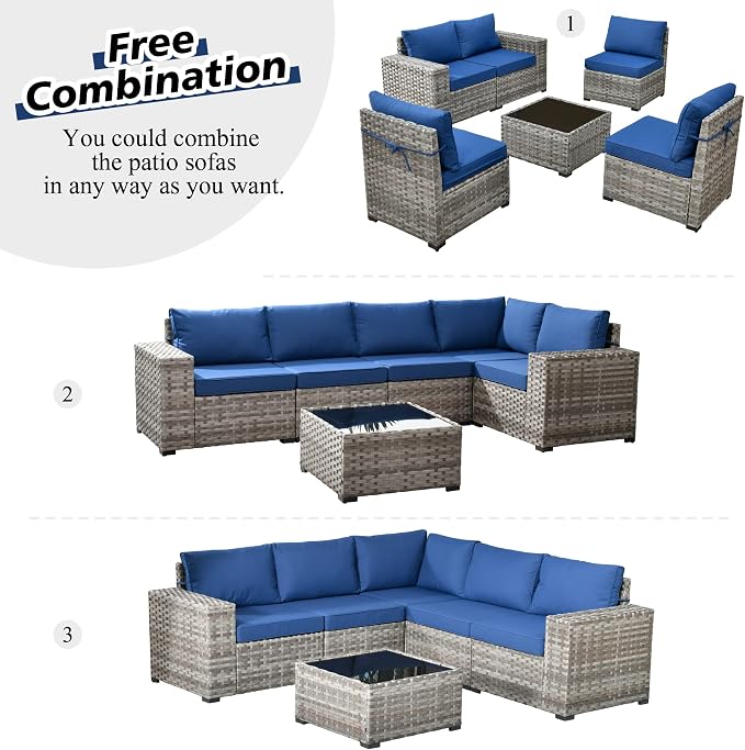 HOOOWOOO Outdoor Patio Sectional Furniture Sofa Set with Widened Armrest,6 Piece Small Modern Wicker Couch,Modular L Shaped Conversation Seating Set with Table for Out Door Garden Corner(Navy Blue)