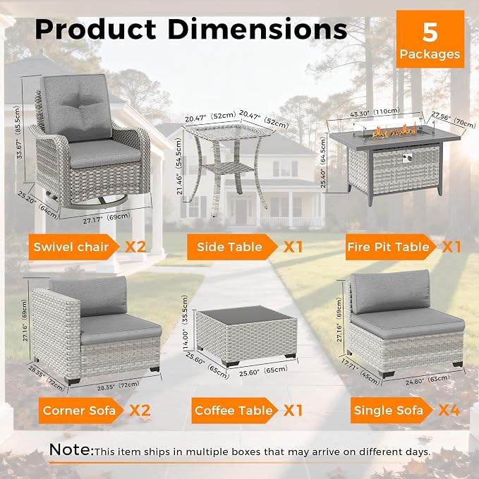 8-Seat Outdoor Wicker Patio Furniture Set with Fire Pit Table, Modular Rattan Sectional Sofa & 2 Swivel Rocking Chairs, 4" Thick Cushions, Rust-Resistant Frame,Gray