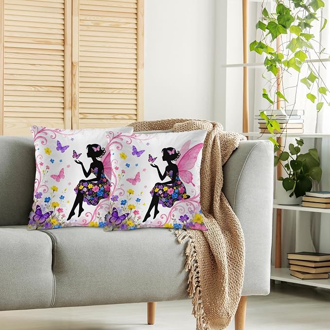 Swono Pillow Covers 18X18 Inch Set of 2 Butterfly Girl, Throw Pillow Cases Fairy Woman Butterflies Flowers Pillowcase Cushion Cover Decorative for Indoor Outdoor Home Sofa Bedroom Livingroom, Pink