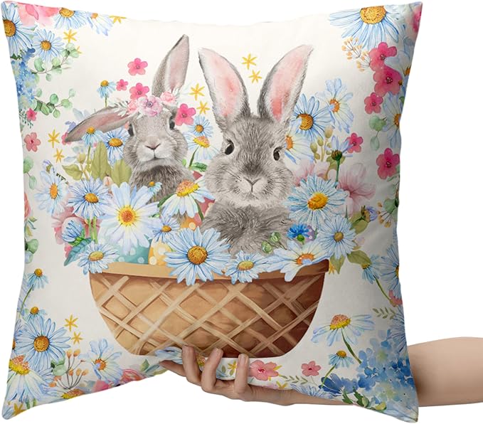 Easter Bunny Pillow Covers 18x18 Spring Rabbit Daisy Floral Throw Pillow Covers A Basket Filled with Lovely Bunny and Flowers Pillowcase Cushion Case for Sofa Patio Garden 2 Pack