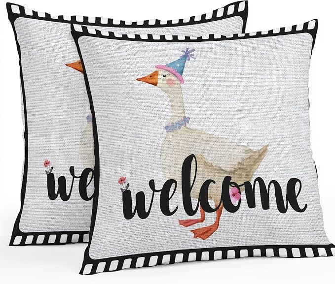 Welcome Duck Outdoor Pillow Covers 24x24 Inch Throw Pillow Covers Set of 2 Waterproof Decorative Pillow Cases Funny Animal Duck in Flim Flowers Black Gray Cushion Covers for Patio Furniture Garden