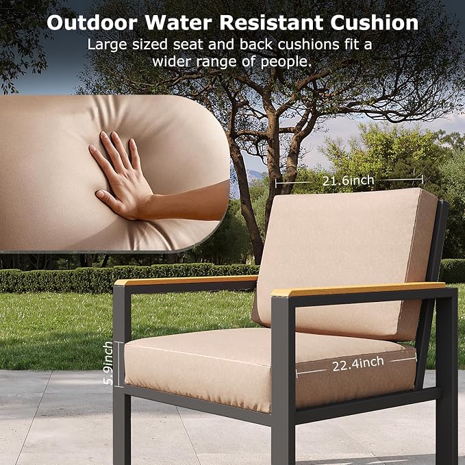 5-Piece Patio Furniture Set with 28” Propane Fire Pit Table, Heavy-Duty Metal Outdoor Conversation Set with Deep Cushions & Wood-Like Armrests for Patio, Porch, Backyard, Garden – Brown
