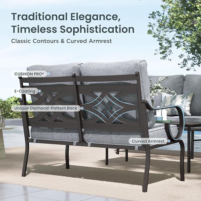 PHI VILLA Patio Furniture Set, 3-Seater Sofa, 4 Swivel Chairs and a Coffee Table, Outdoor Metal Conversation Set with 5.75" Extra Thick Cushion for Garden Backyard Deck, Grey