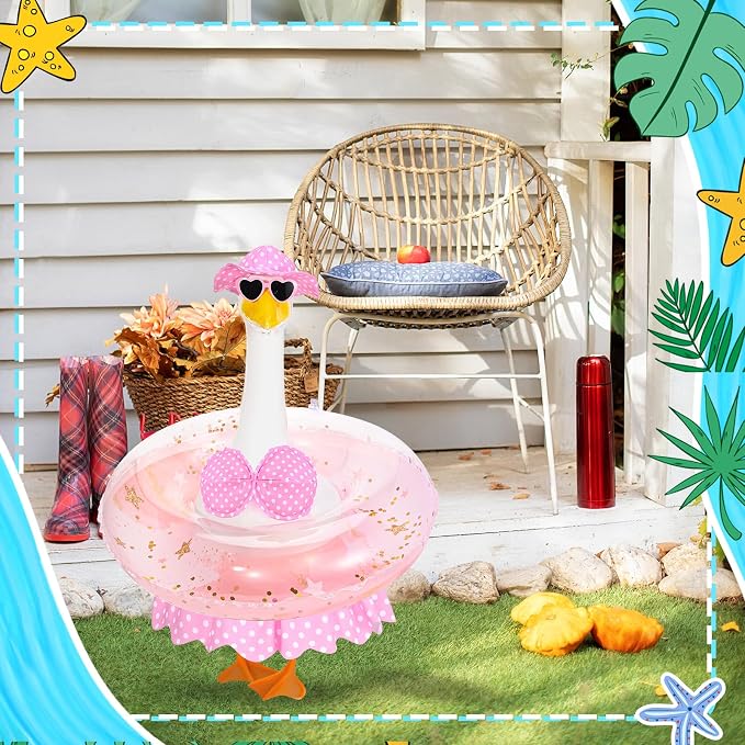 Hawaiian Porch Goose Outfits Summer Bikini Goose Outfit Fits 23" Goose Statue with Hat Sunglasses & Swimming Ring for Cement Yard Decor (Pink)