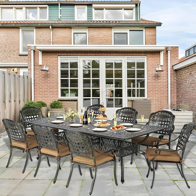 9-Piece Patio Cast Aluminum Dining Set, Outdoor Table and Chairs Set for 8, Includes 94.5" Rectangular Dining Table and 8 Cushioned Chairs with Umbrella Hole for Backyard Lawn Garden, Tan