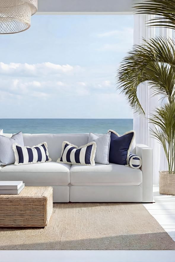 Hofdeco Premium Coastal Hampton Outdoor Performance Bolster Pillow Cover Only, 6"x20" Water Repellent, UV and Fade Resistant for Backyard, Couch, Poolside, Indigo Blue Woven Beach Stripes