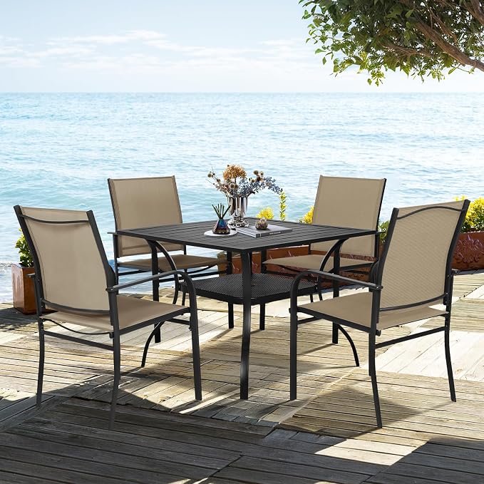 SUNCROWN 6 - Piece Outdoor Dining Set, Patio Furniture Set with 4 Textilene Dinning Chairs, 1 Steel Slat Metal Bistro Table and 1 Sky Blue 9Ft Patio Umbrella for Lawn Garden Backyard Deck, Brown