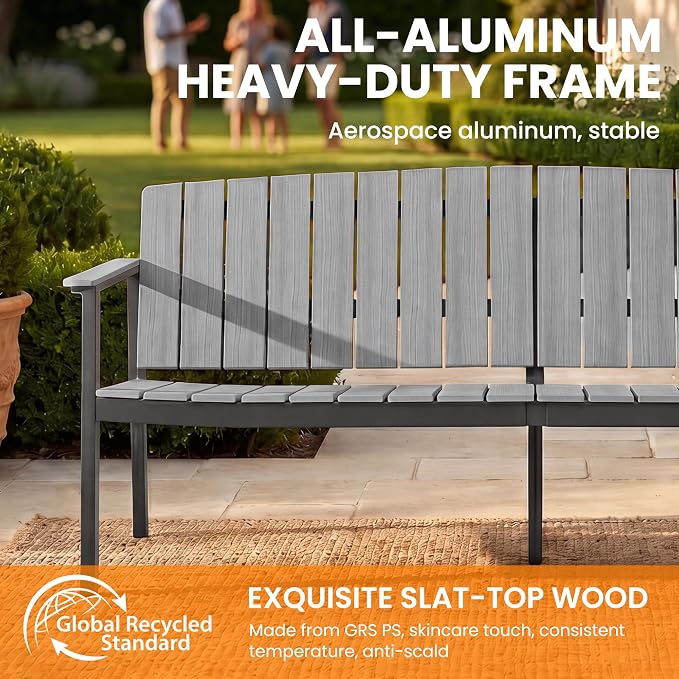 2 Pieces Aluminum Patio Furniture Armchair, All-Weather Outdoor Armchair Aluminum Frame HDPS Faux Wood, Patio Sofa Couch Set of 2 for Porch, Balcony, Deck, Yard Grey