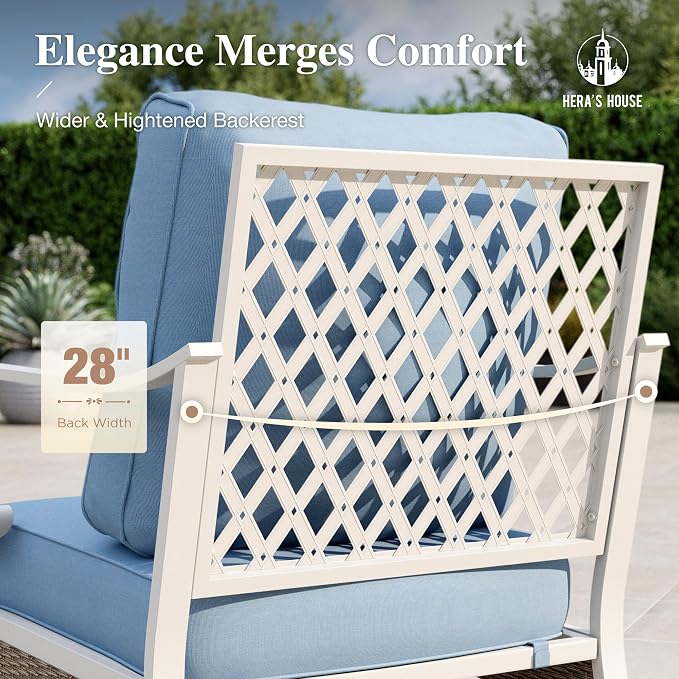 HERA'S HOUSE Patio Furniture Set with Metal & Rattan Design 4-Piece, 2 x Rocking Chairs, 1 x 3-Seat Sofa & Marble Coffee Table, All-Weather Outdoor Conversation Set for Garden Backyard Lawn, Blue