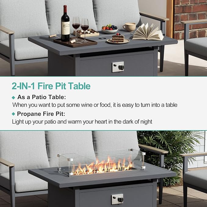 Aluminum Outdoor Patio Furniture Set with Swivel Rocking Chairs 5-Piece, Patio Sectional Sofa Patio Conversation Set with 55,000 BTU Fire Pit Table High Backrest & Thickened Cushions, Grey