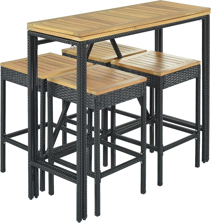 5-Piece Outdoor Patio Wicker Bar Set,PE Rattan Wicker High-Dining Bistro Set with 4 Square Stools and 1 Acacia Wood Table with Foldable Tabletop