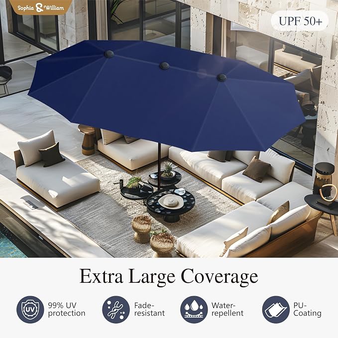 Sophia & William Patio Set with Umbrella Outdoor Dining Set for 6 with 13ft Umbrella Blue, 6 x Patio Chairs Brown, 1 Wood Like Outdoor Dining Table for Deck Lawn Garden (No Umbrella Base)