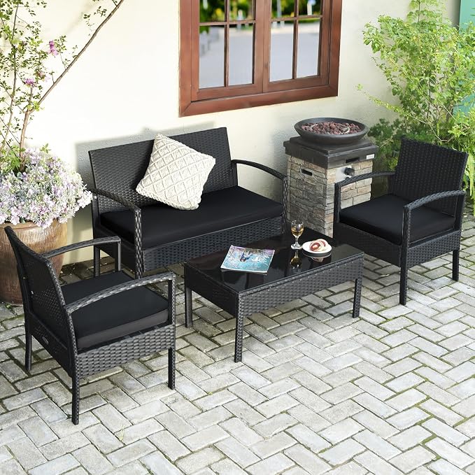 HAPPYGRILL 8-Piece Patio Conversation Set Outdoor Rattan Wicker Sofa & Coffee Table Furniture Set for Patio Garden Poolside