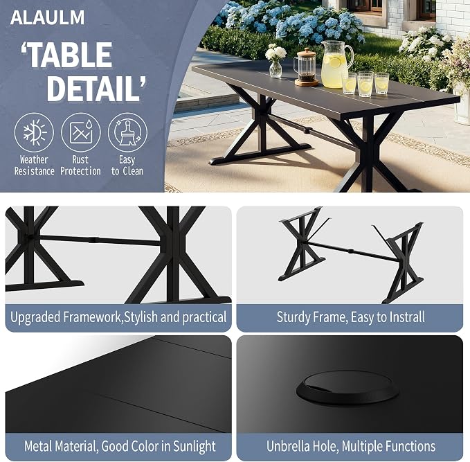 ALAULM 9-Piece Patio Dining Set,Outdoor Metal Dining Set with 2 Swivel Chairs & Rectangle Table with 1.5 Umbrella Hole, Patio Dining Table and Chairs for Backyard,Grey