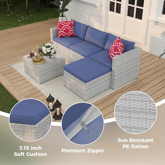 GarveeLife 5-Piece Outdoor Patio Rattan Wicker Sofa Set, PE Rattan Conversation Sectional with Thickened Back Cushion, Glass Tabletop, Ottoman - Ideal for Courtyard Space, Blue