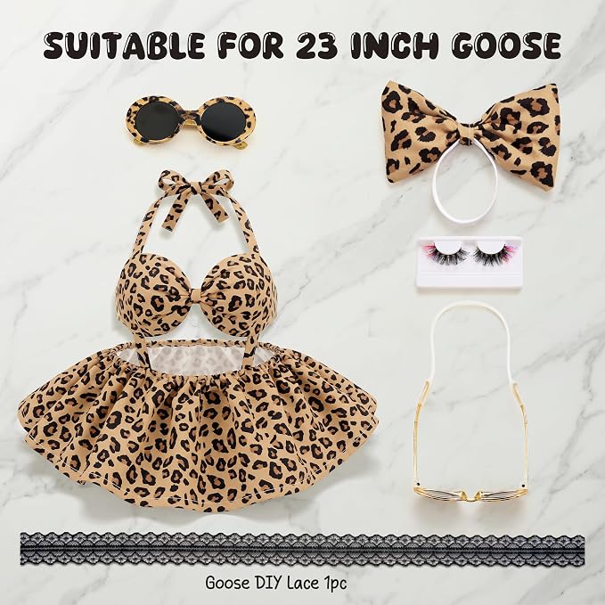 Leopard Bikini Porch Goose Outfit Set for 23 Inch Goose Statue, Swimsuit with Bow Eyelashes Lace Sunglasses Strap, Wild Style Summer Goose Clothes Decor (Leopard)