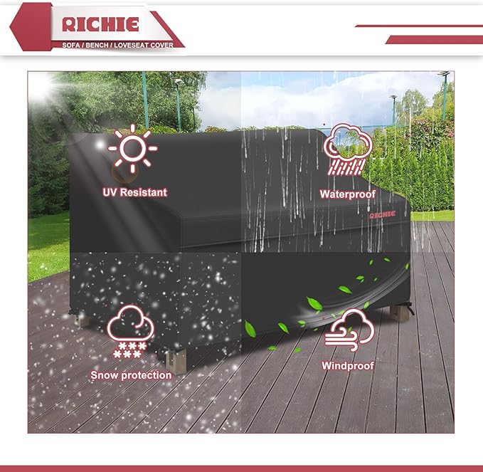 RICHIE Waterproof Patio Sofa Cover 2-Seater - Outdoor Furniture Covers for Loveseat/Couch with Air Vents & Handles, 60"W*42"D*31"H, Black