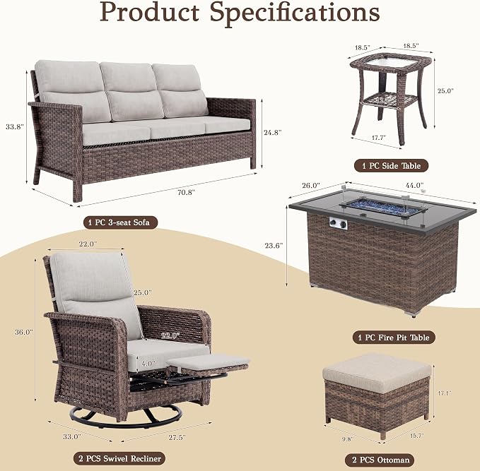 Brafab 7-Seat Piece Wicker Patio Furniture Set with 44" Propane Fire Pit Table, Outdoor Swivel Recliner Chairs with Adjustable Backrest & Footrest for Patio Conversation and Backyard Gathering, Beige