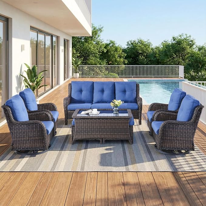 8 Piece High Back Wicker Patio Furniture Set - Patio Conversation Set with 4 Inch Thick Cushions and Deep Seating Swivel Glider Chairs Set of 4 & Outdoor Couch for Porch Deck Yard Pool