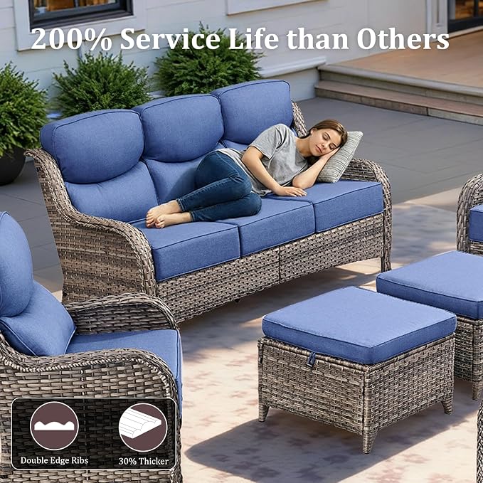 Luxury High Back Patio Furniture Set with 6-Inch Thick Cushions, 4-Pieces Outdoor Furniture with Swivel Chairs, Wicker Conversation Set for Porch, Balcony, Deck and Yard, Grey/Blue
