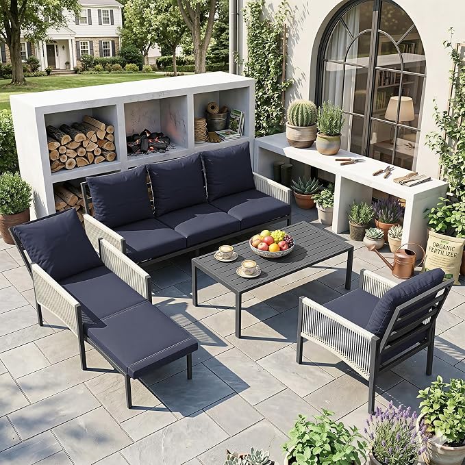 U-MAX Aluminum Patio Furniture Set 5 Seats Outdoor Sectional Couch with Coffee Central Table Patio Conversation Sets for Porch Deck (Dark Blue, with Retractable Single Sofa)
