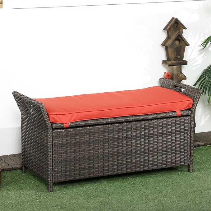 Outdoor Rattan Wicker Storage Bench with Cushion, Patio Storage Deck Box for Outdoor Furniture Cushions, Garden Tools (Red)