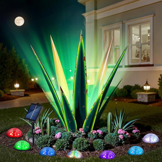 KODIBO Large Metal Agave Plant Outdoor Decor with Solar Light, Vintage Green