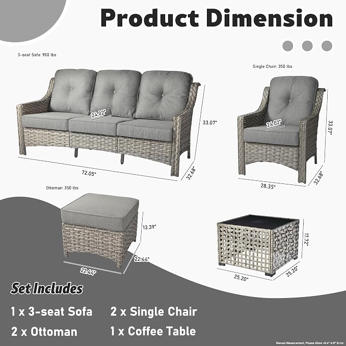 ovios 6 Piece Outdoor Patio Furniture with 3 Seat Sofa,Rattan Wicker Coversation Set with High Back,Sectional Single Sofa with Ottoman for Outside Porch Balcony Backyard Pool, Dark Grey